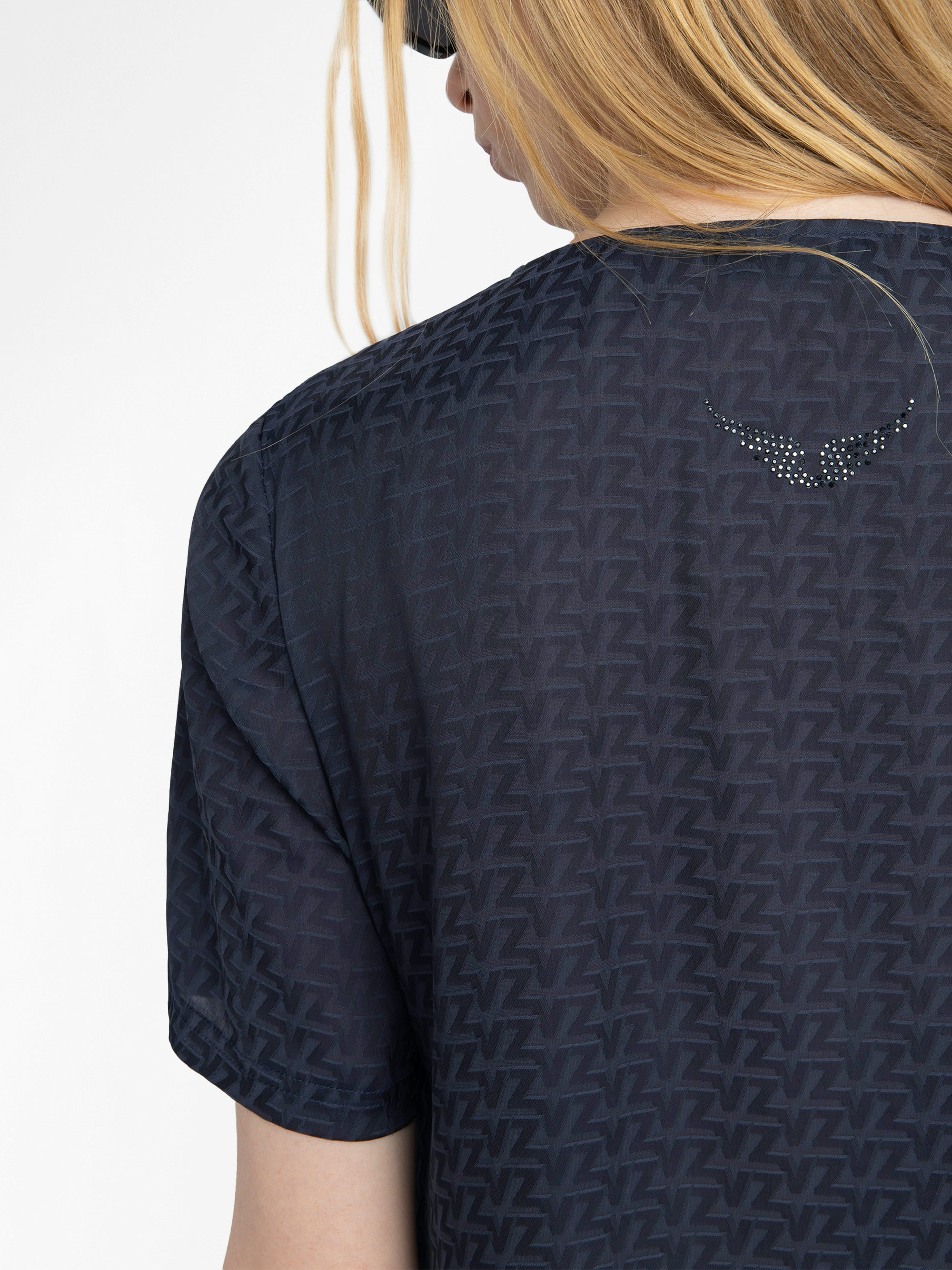 Terzo Satin Top - Terzo top in ZV jacquard Japanese satin, laced neckline with metal wings and short sleeves.